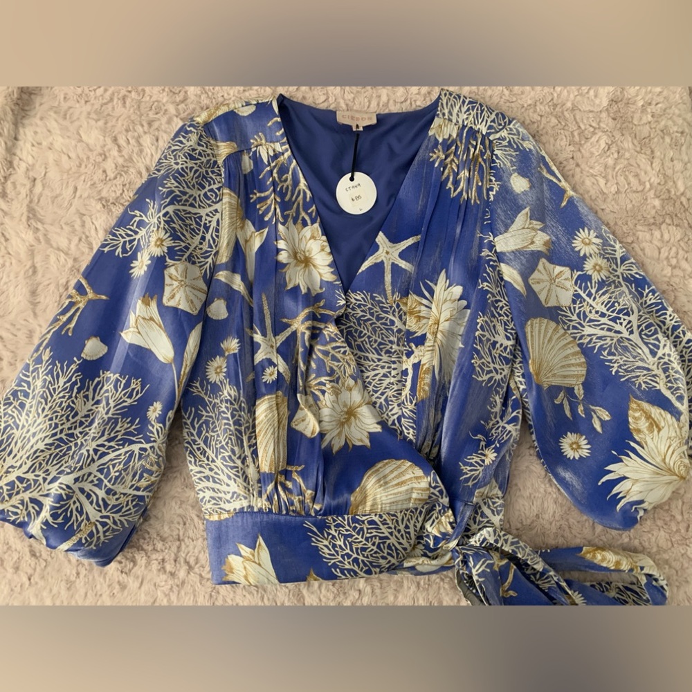 CIEBON Ariella Ocean Print Side
Tie Wrap Blouse Top sz Large NWT